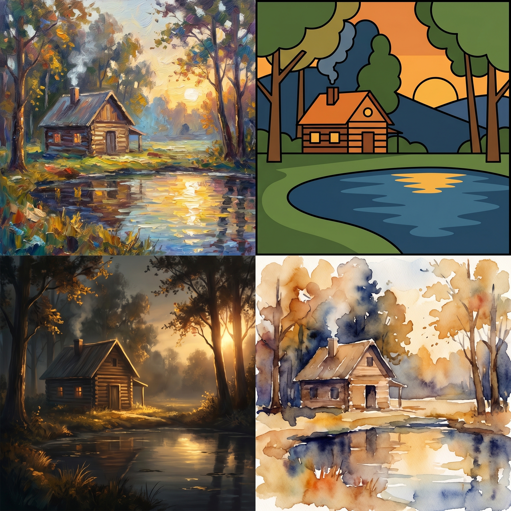 The same landscape scene rendered in four distinct artistic styles, demonstrating fine-tuned style capture.