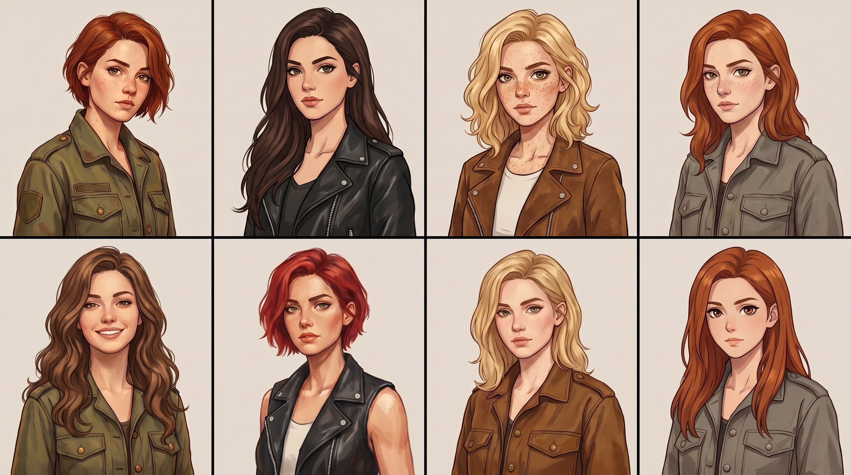 Eight portraits of the same character produced by a stock AI model, visibly drifting in face, outfit, and art style.